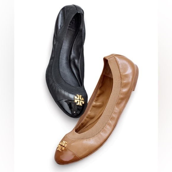 Tory Burch Jolie Ballet Flat Elastic Black Leather Patent Gold - Picture 11 of 11